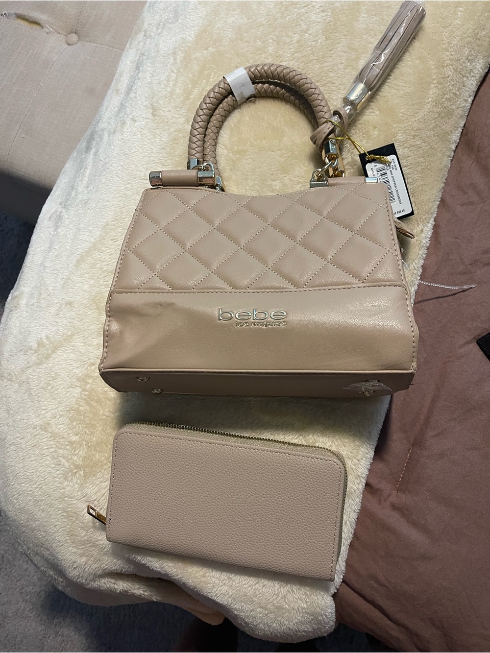 bebe Quilted Satchel and Zip Wallet in Light Taupe NWT